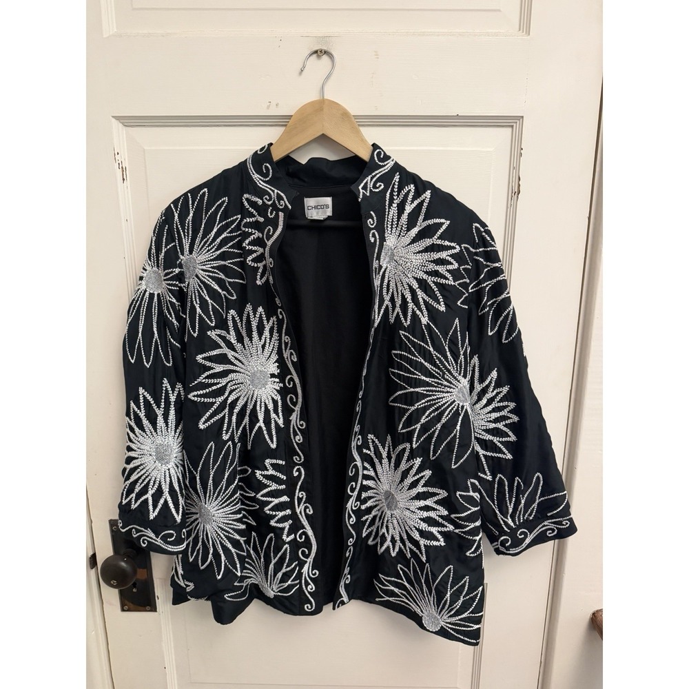 CHICO'S Women's Embroidered Silk Jacket Black White Sunflower Blooms Size L $139